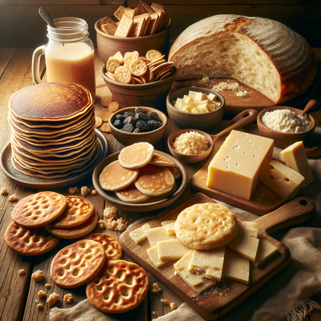 image showcasing a variety of dishes made with sourdough discard, including pancakes, crackers, and a loaf of bread. Each dish should appear