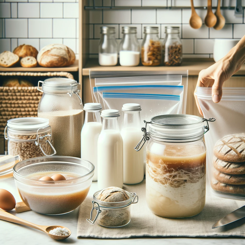 illustrating the process of handling, storing, and preparing sourdough discard. Show sourdough discard in various containers, such as