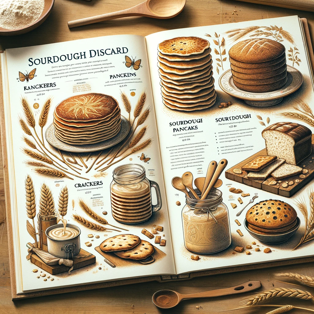 various sourdough discard recipes on a beautifully illustrated recipe book page, featuring visuals of sourdough pancakes, crackers