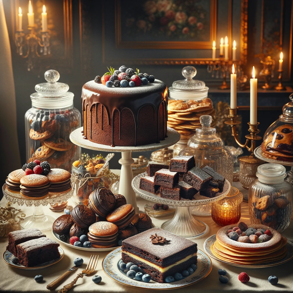 An elegant dessert table beautifully set with a variety of sourdough discard sweets. The scene includes a sourdough chocolate cake with a ganache