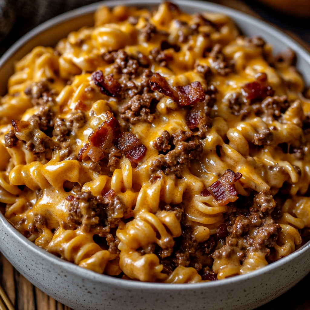 Loaded bacon cheeseburger pasta recipe with beef, cheese, and bacon
