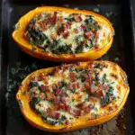 Cheesy Spinach Bacon Stuffed Spaghetti Squash with melted cheese