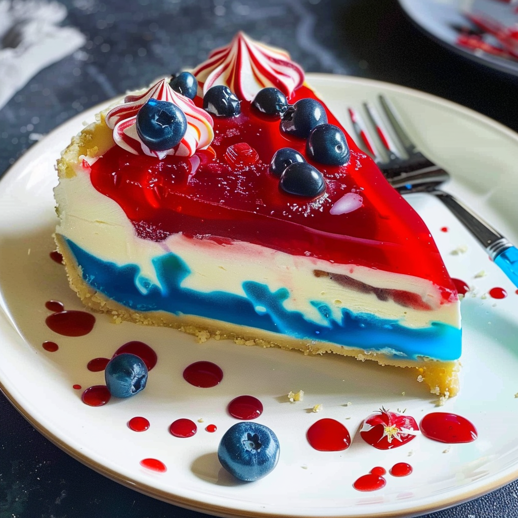 Patriotic cheesecake with layers of red and blue Jello