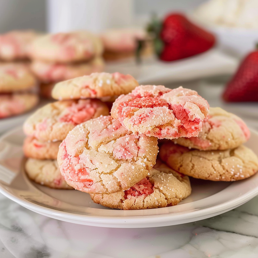 Soft and chewy strawberry cake mix cookies on a plate