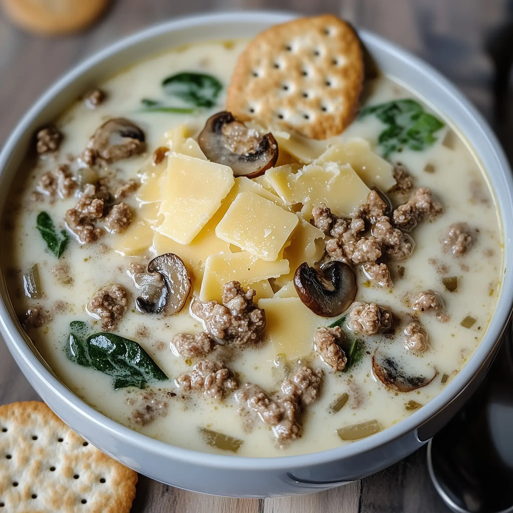 Creamy mushroom and beef soup in a bowl topped with fresh spinach, Parmesan cheese, and sliced mushrooms