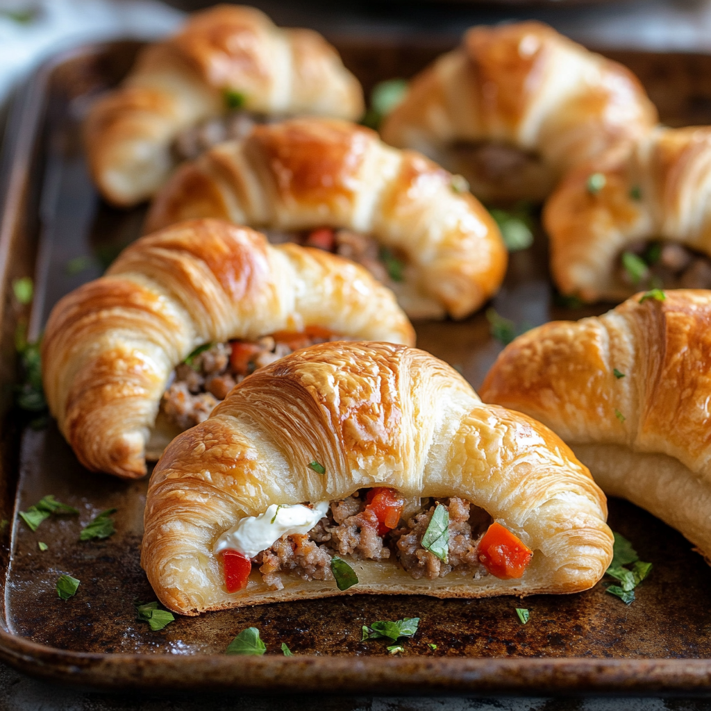 Freshly baked savory sausage and cream cheese croissants on a baking sheet