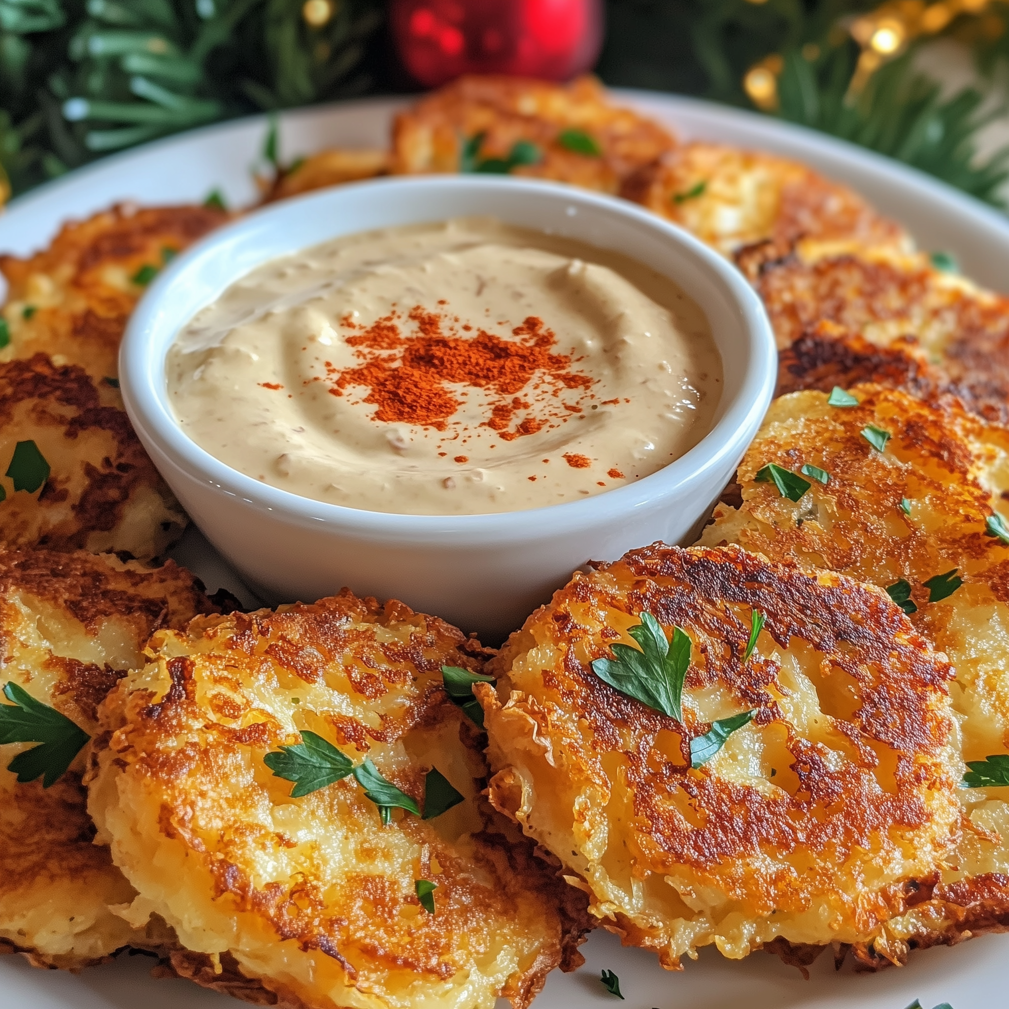 Plate of crispy fried cabbage patties served with a dipping sauce garnished with parsley