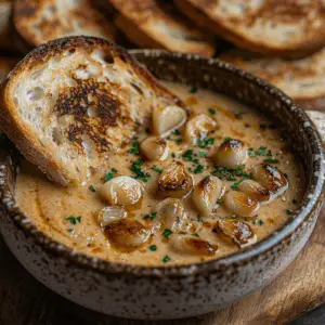 Bowl of creamy roasted garlic soup garnished with roasted garlic cloves and parsley, served with toasted bread