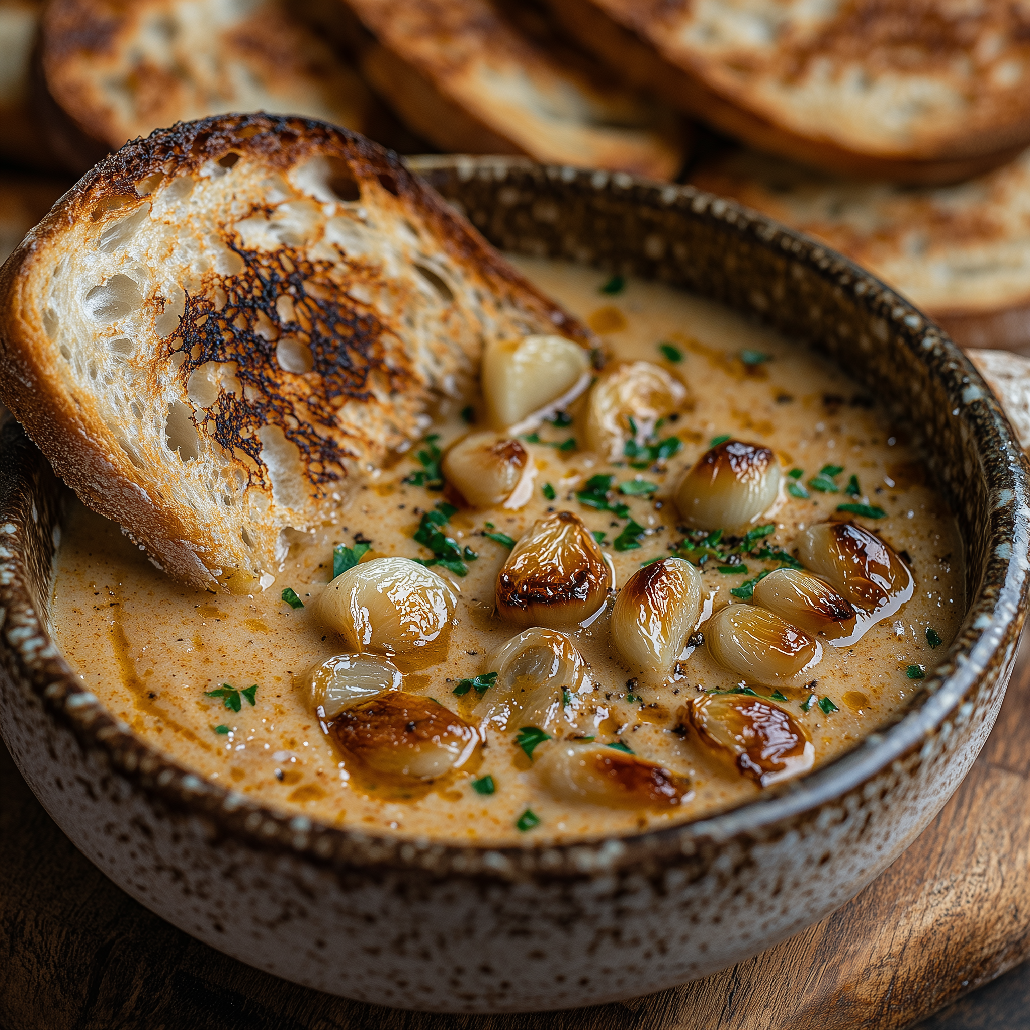 Bowl of creamy roasted garlic soup garnished with roasted garlic cloves and parsley, served with toasted bread