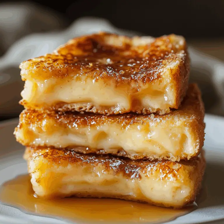 A serving of overnight crème brûlée French toast with caramelized top and syrup drizzle