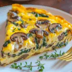Mushroom and Spinach Frittata in a cast-iron skillet garnished with fresh herbs