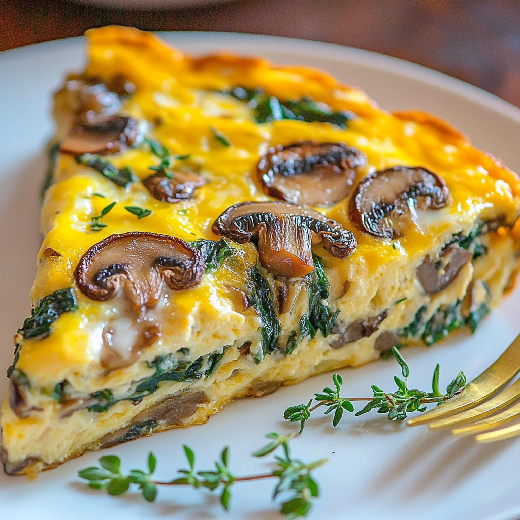 Mushroom and Spinach Frittata in a cast-iron skillet garnished with fresh herbs