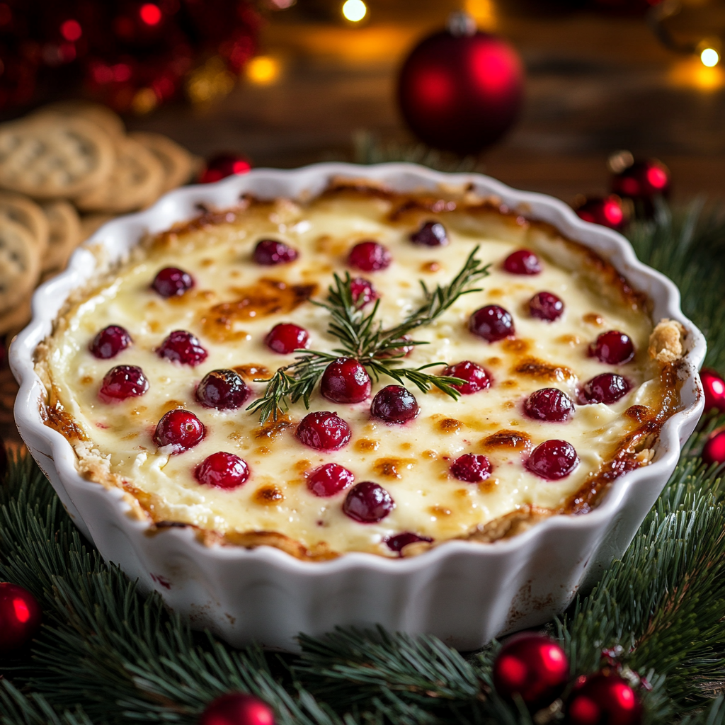 Cream cheese cranberry dip with crackers on a holiday platter