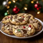 Plate of Christmas chocolate chip cookies topped with festive red and green candies and white chocolate chunks