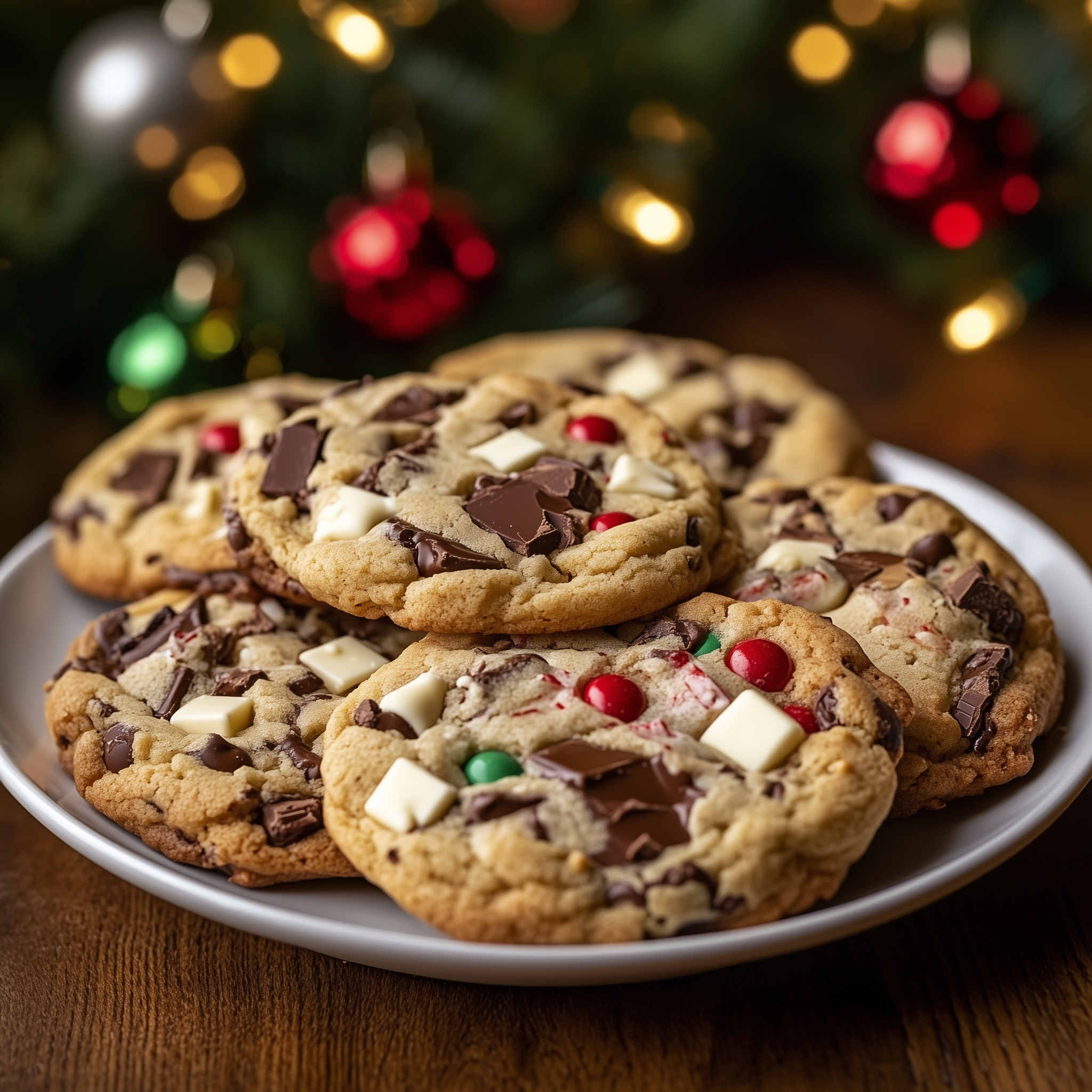 Plate of Christmas chocolate chip cookies topped with festive red and green candies and white chocolate chunks