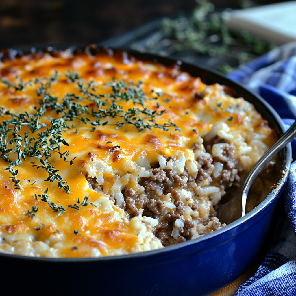 Plate of ground beef and rice casserole garnished with fresh parsley