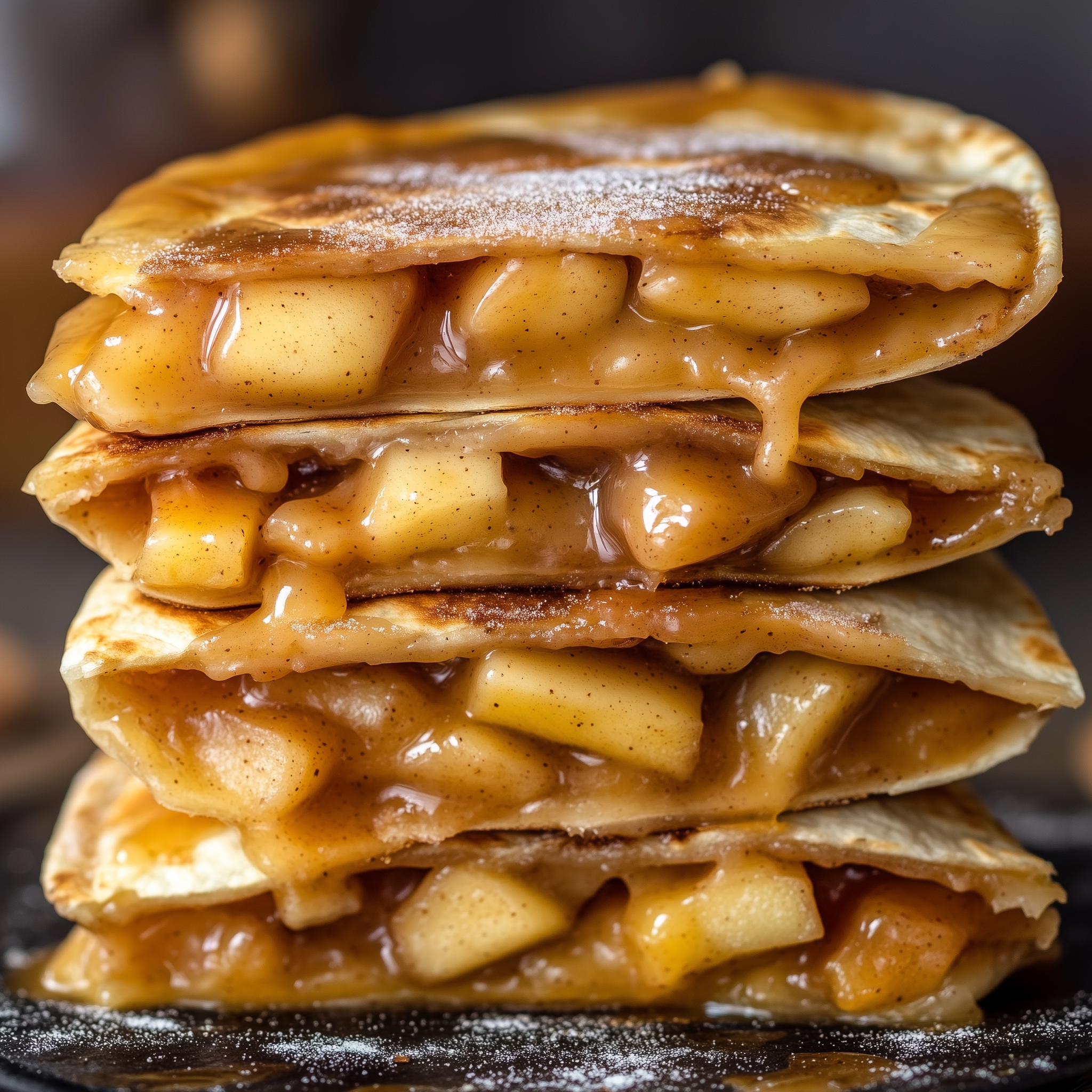 Close-up of golden apple pie quesadillas with caramel drizzle and a dusting of powdered sugar