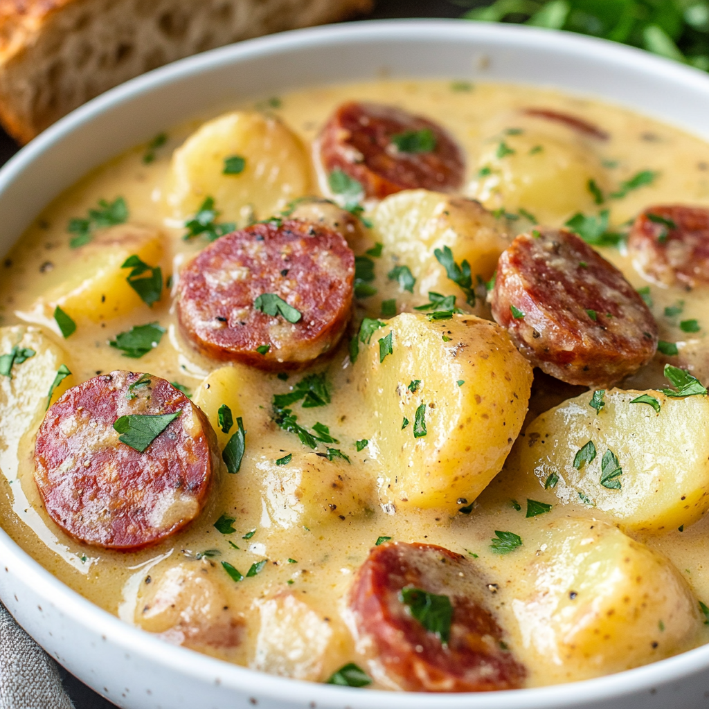 Creamy kielbasa potato soup with parsley and bacon garnish in a bowl