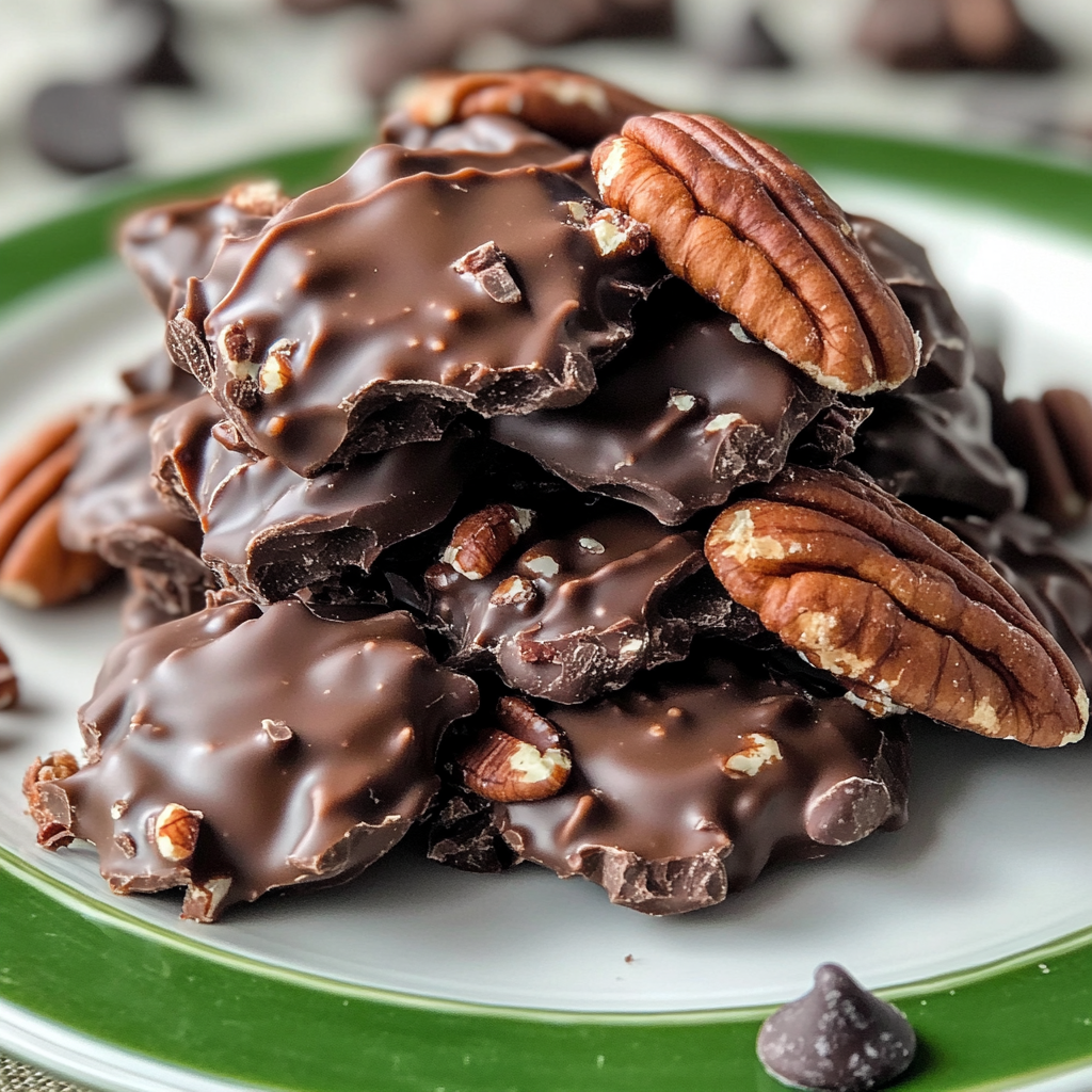 Chocolate pecan clusters arranged on a festive platter with sea salt sprinkles