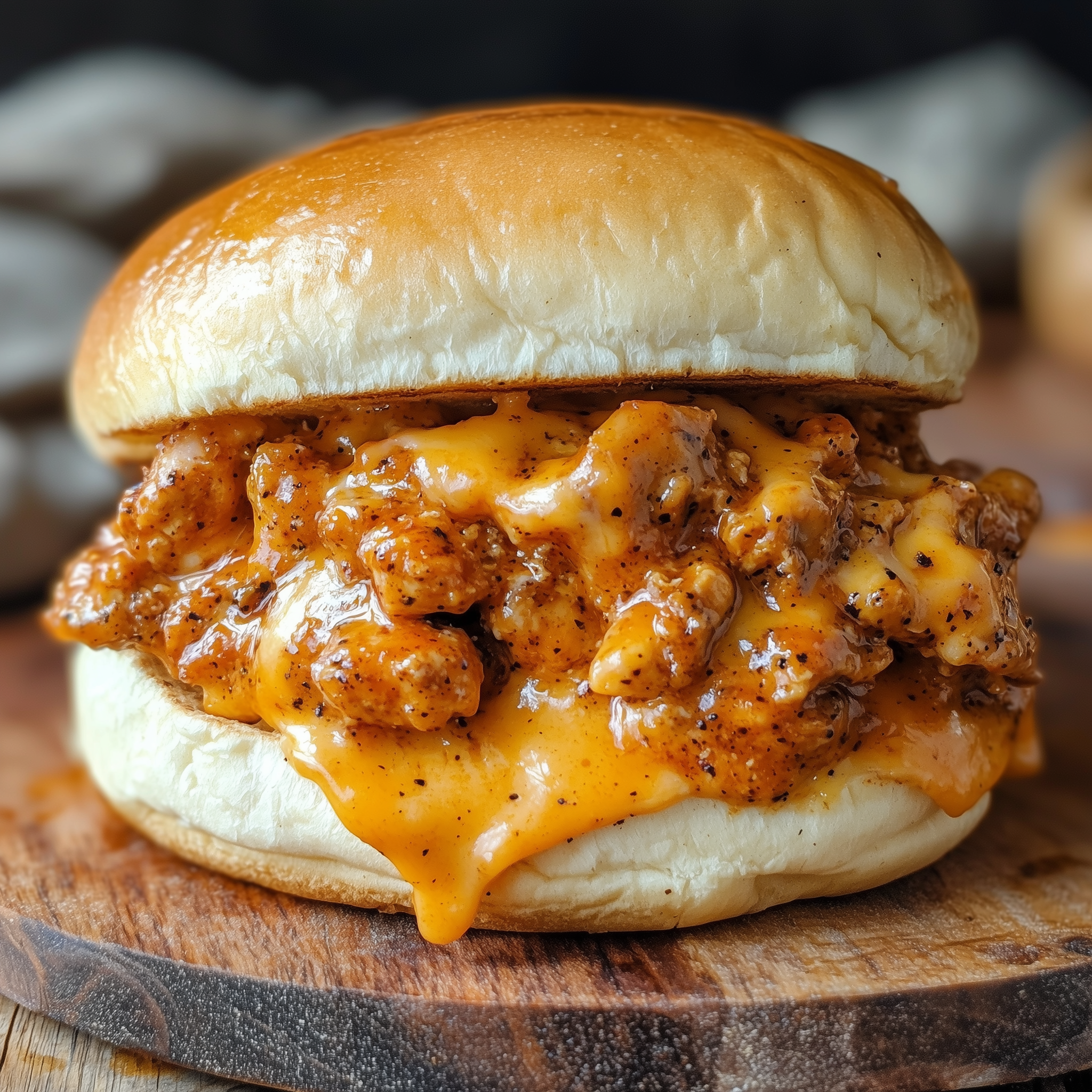 Cajun Chicken Sloppy Joes with melted cheese on toasted buns