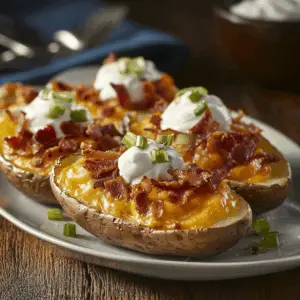 Loaded potato skins topped with melted cheese, bacon crumbles, sour cream, and green onions on a plate