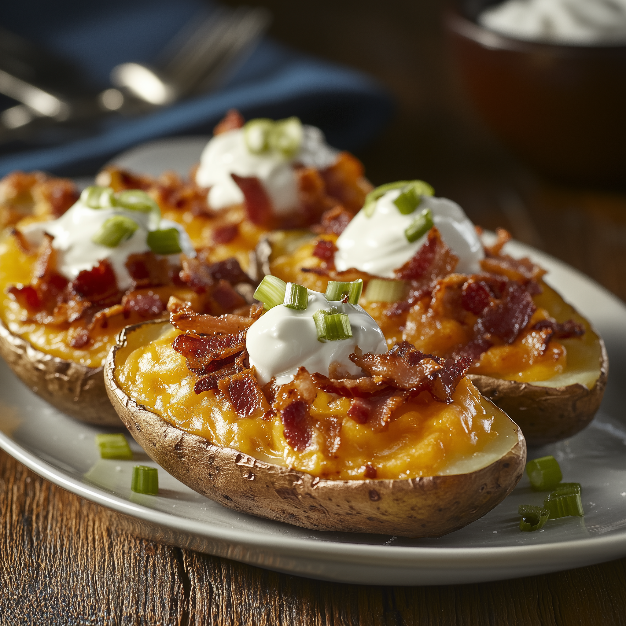 Loaded potato skins topped with melted cheese, bacon crumbles, sour cream, and green onions on a plate