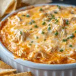 Bowl of creamy buffalo chicken dip with melted cheese and chives, surrounded by chips and vegetables
