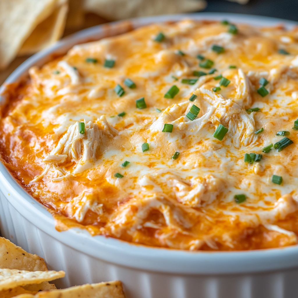 Bowl of creamy buffalo chicken dip with melted cheese and chives, surrounded by chips and vegetables