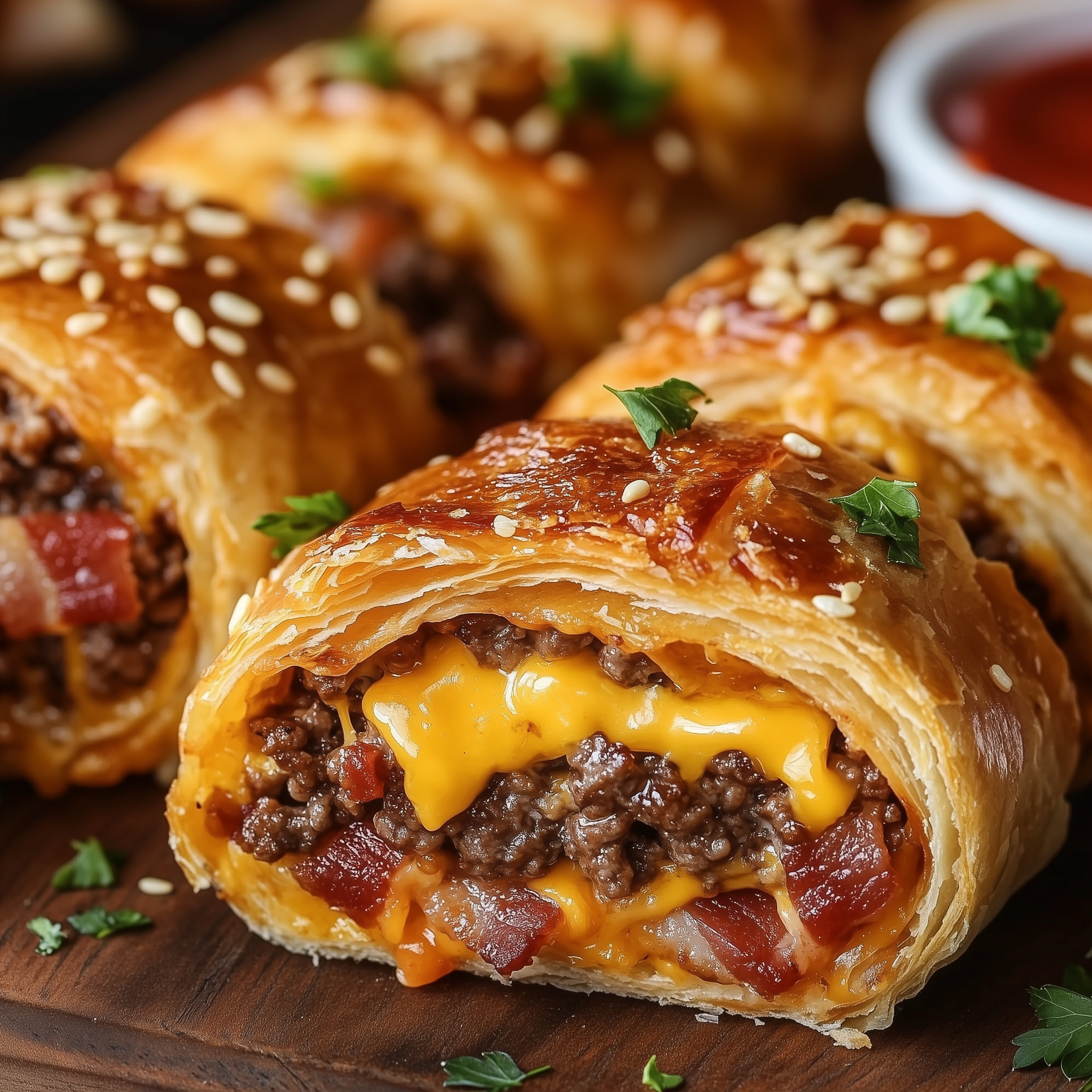 Garlic butter bacon cheeseburger rollups with melted cheese and sesame seeds on a baking sheet