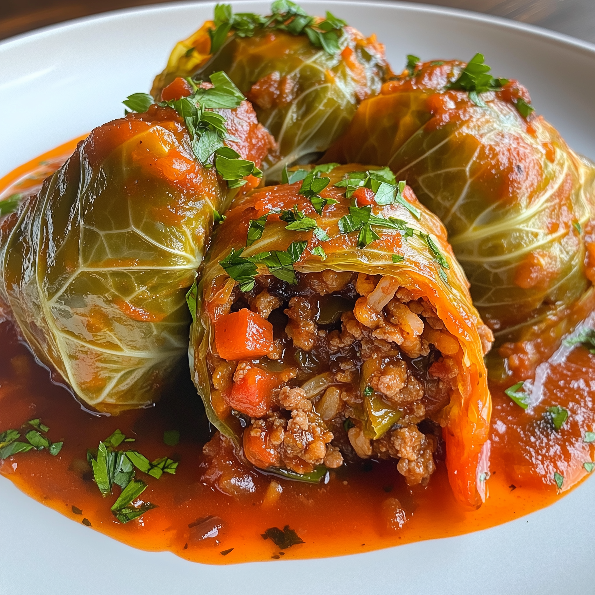 Stuffed cabbage rolls with tomato sauce in a baking dish