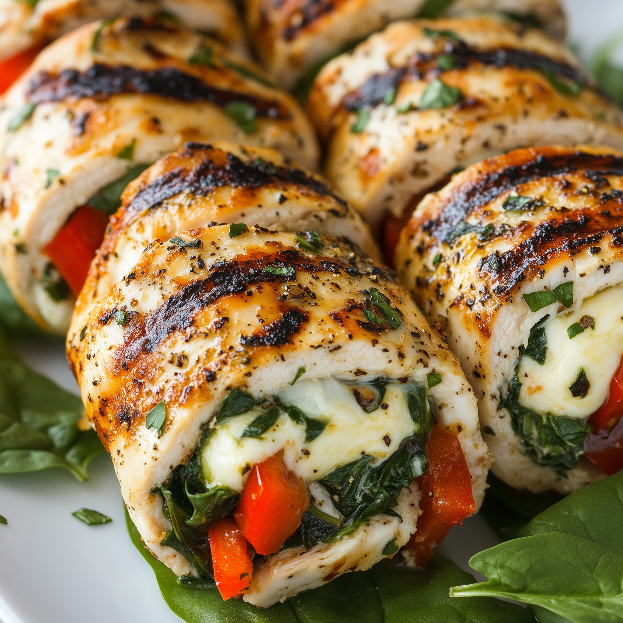 Close-up of stuffed chicken breast with spinach, roasted red peppers, and melted cheese, sliced and served on a plate