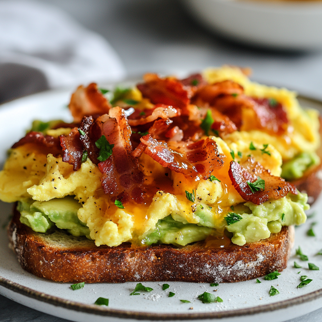 Loaded avocado toast with scrambled eggs and crispy bacon on sourdough bread