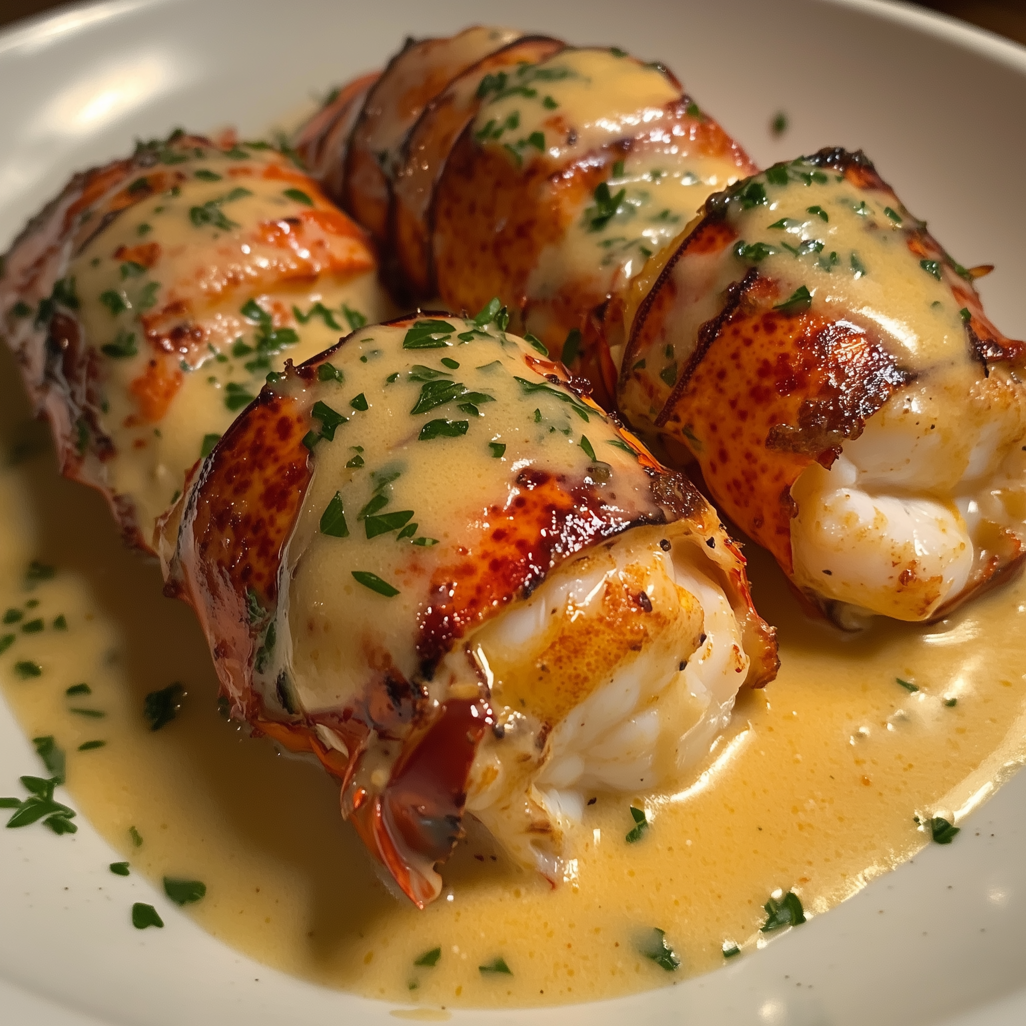 Broiled lobster tails topped with creamy garlic butter sauce and garnished with fresh parsley