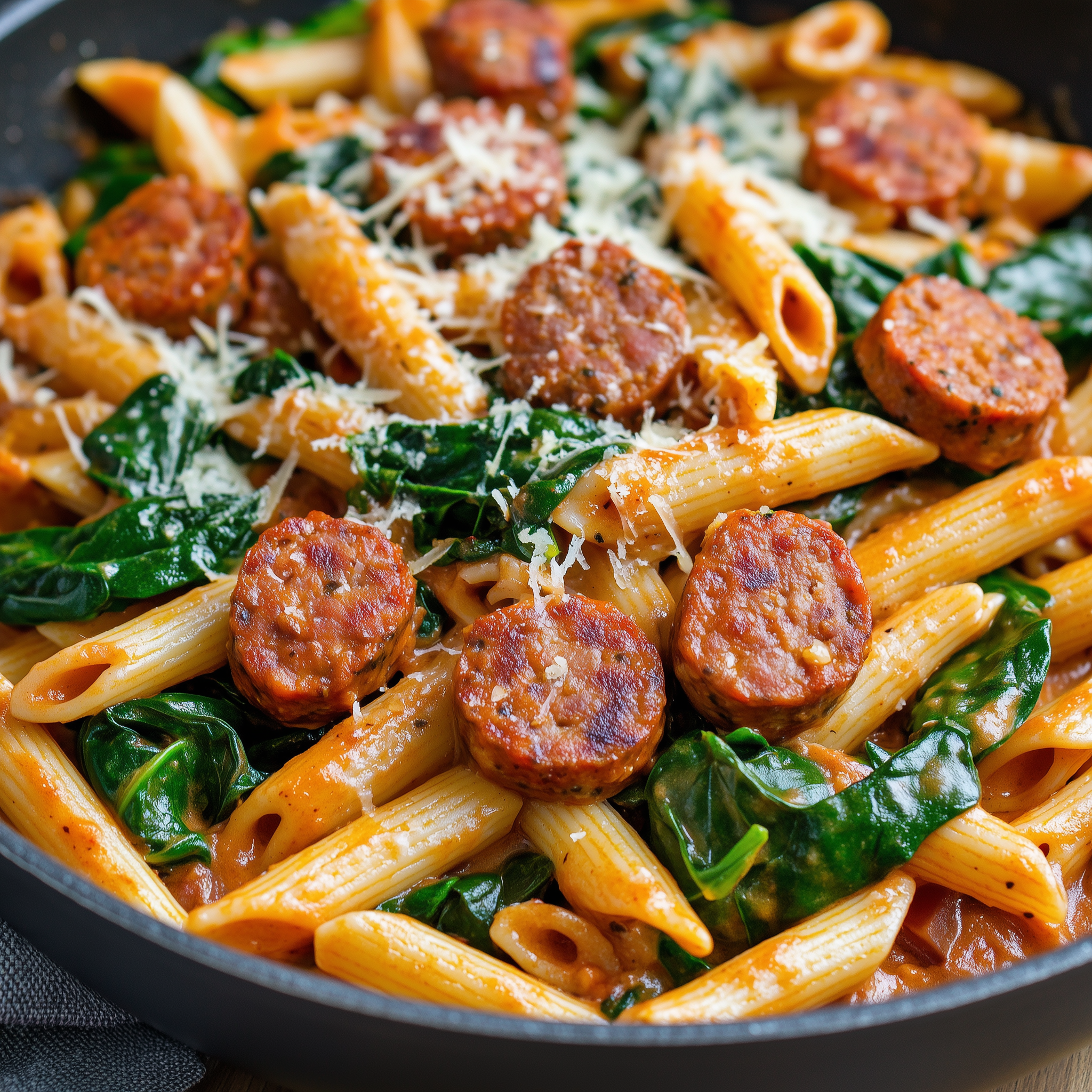 Creamy penne pasta with sausage and fresh spinach in a skillet, garnished with Parmesan cheese