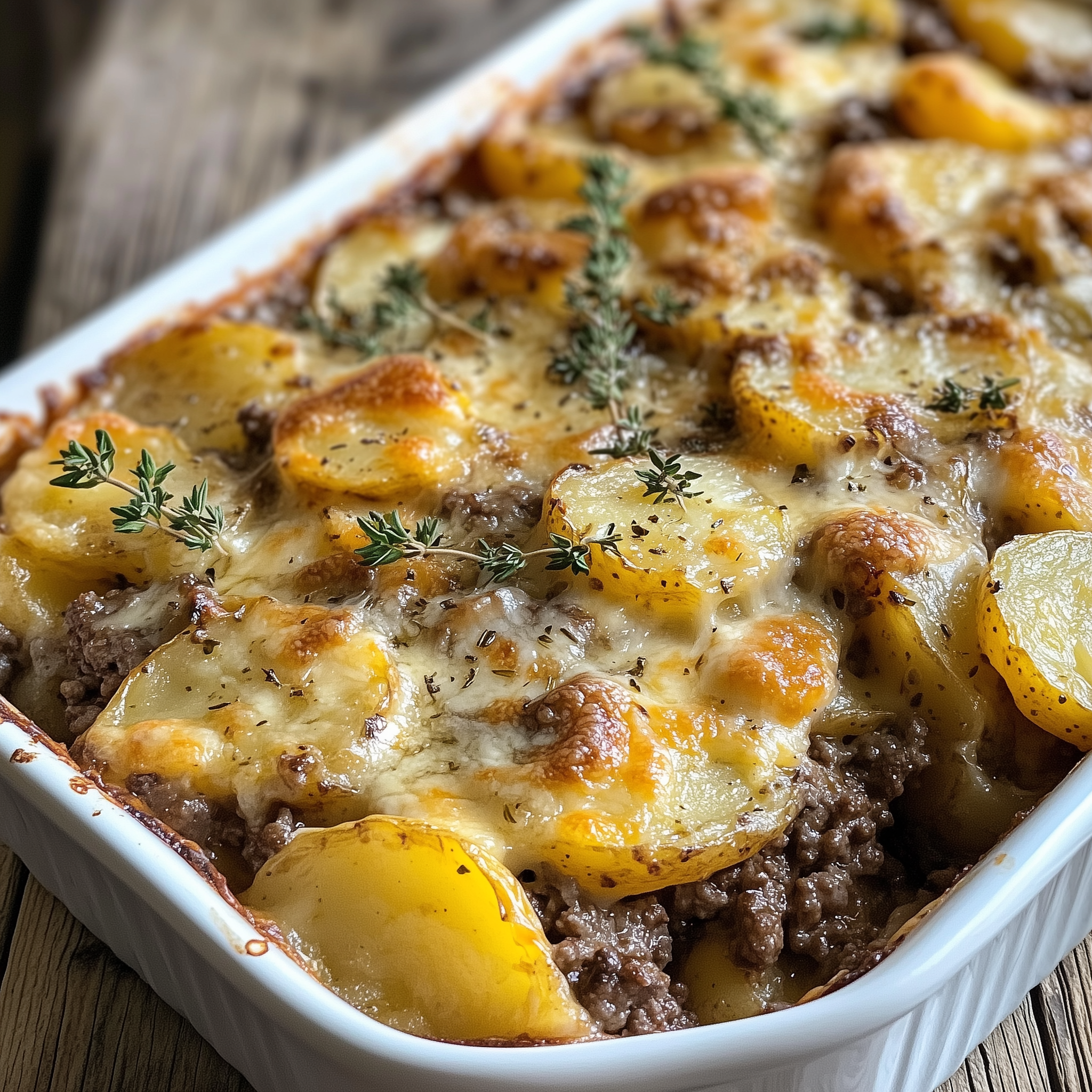 Layered hamburger potato casserole in a baking dish with melted cheese