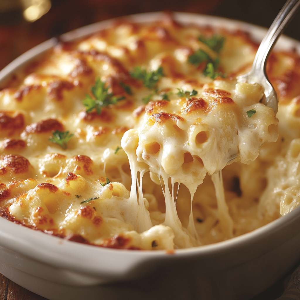 Four-cheese baked macaroni with crispy breadcrumb topping in a baking dish