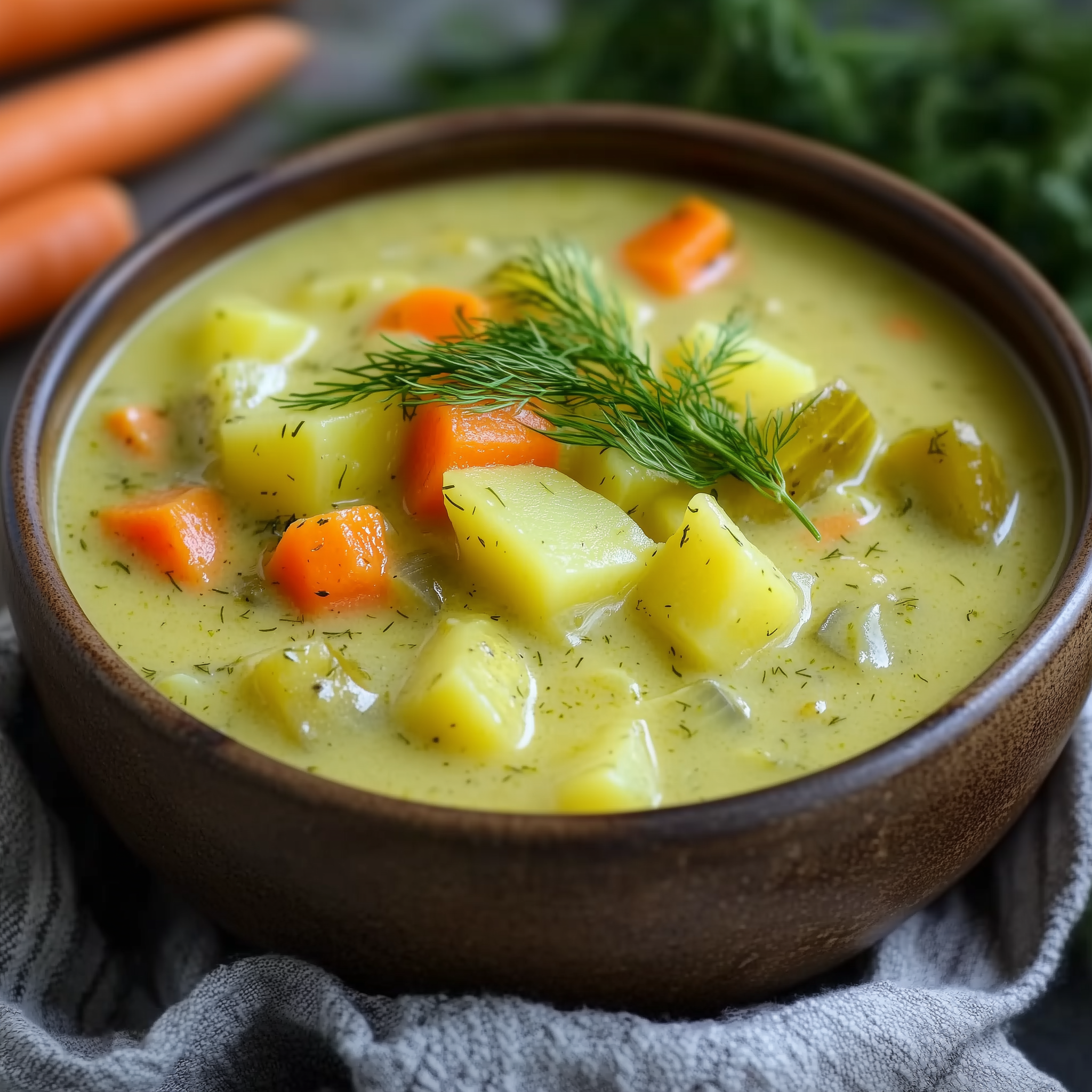 Bowl of Dill Pickle Soup with potatoes, carrots, and fresh dill garnish