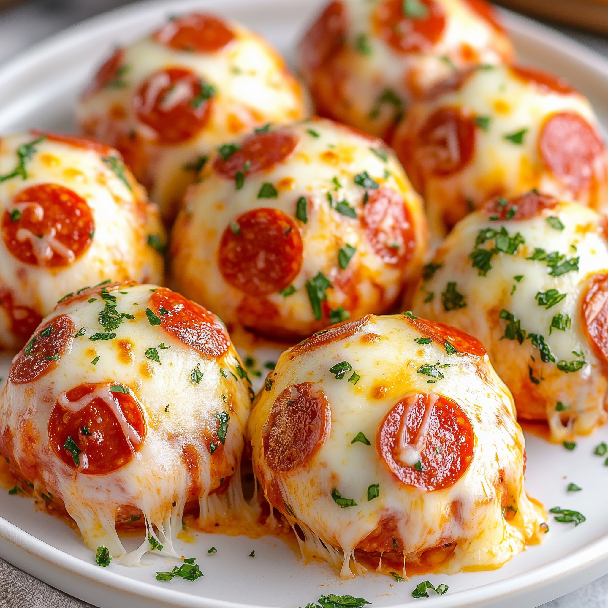 Cheesy pepperoni pizza bombs fresh from the oven on a baking tray