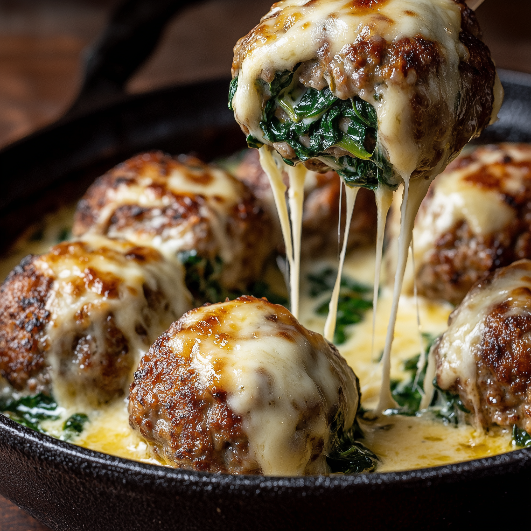 Mozzarella-stuffed meatballs with spinach filling in a cast iron skillet, with cheese melting over the sides