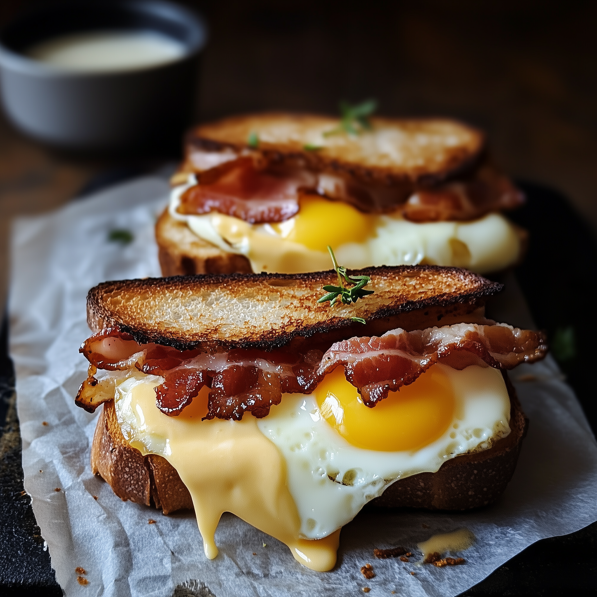 Bacon, egg, and cheese sandwich with crispy bacon and melty cheese on toasted English muffin