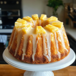 Pineapple cream cheese Bundt cake with glaze and pineapple slices on a cake stand