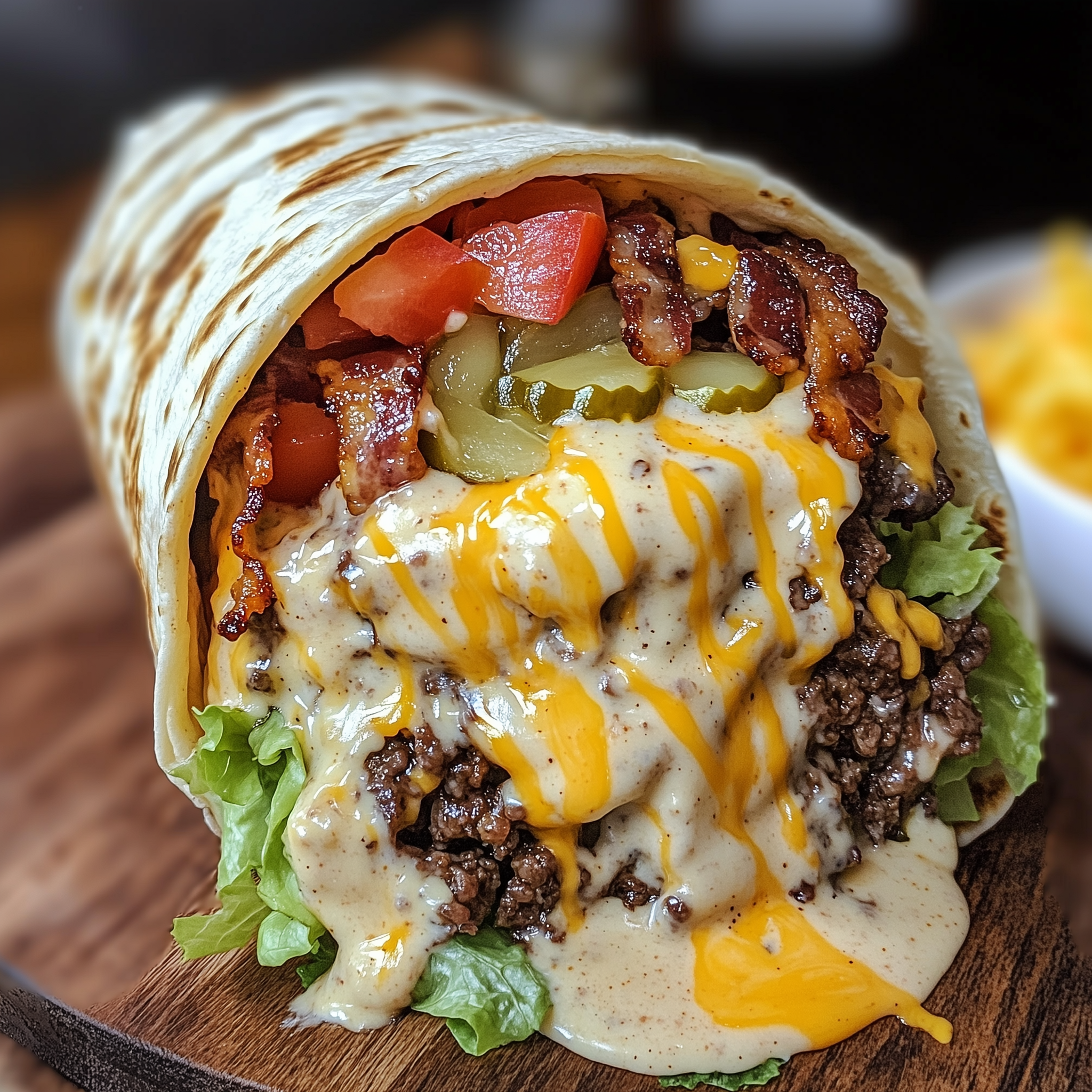 Bacon Cheeseburger Burrito cut in half, showing juicy beef, bacon, and cheese sauce filling