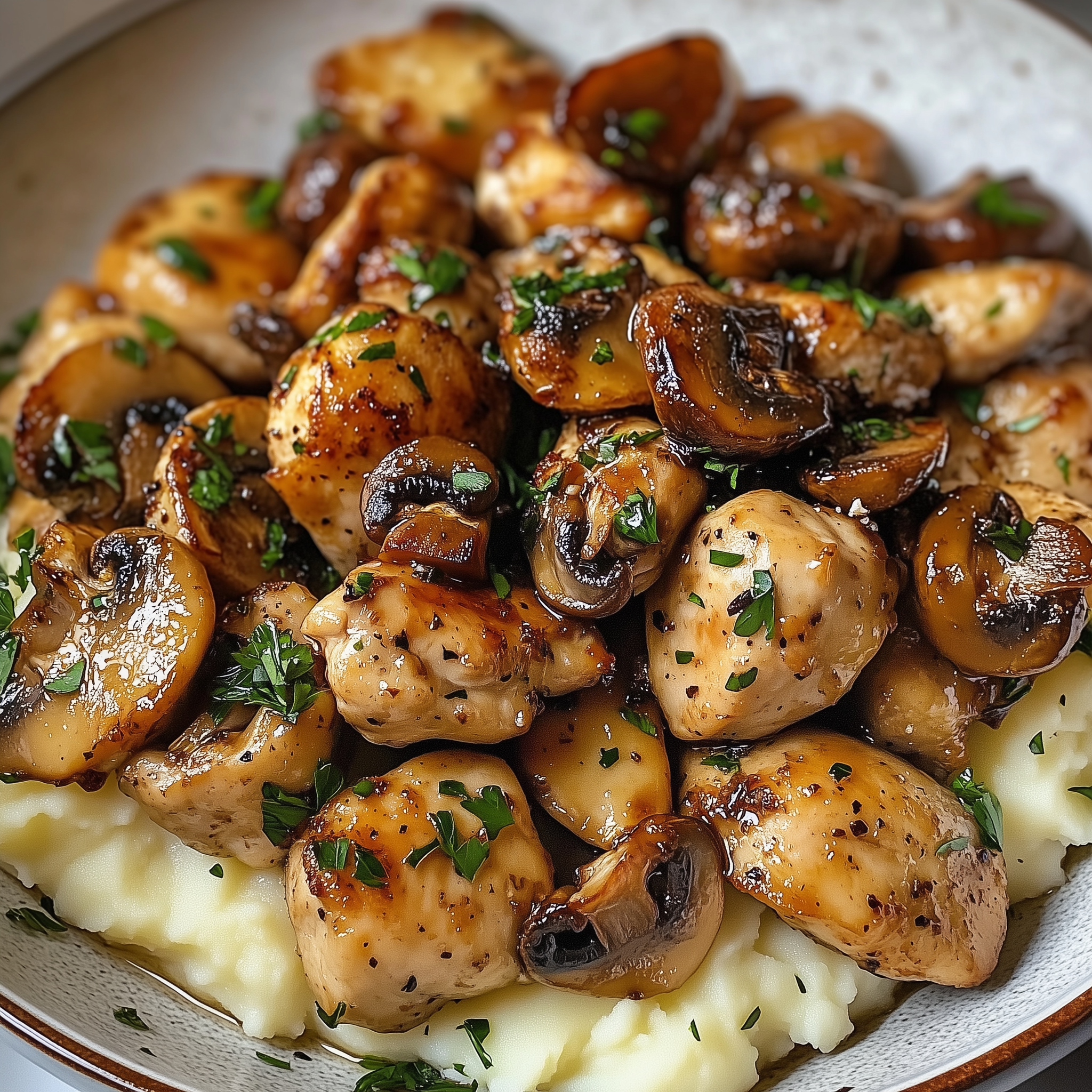 Plate of garlic mushroom chicken bites served over creamy mashed potatoes, garnished with fresh parsley