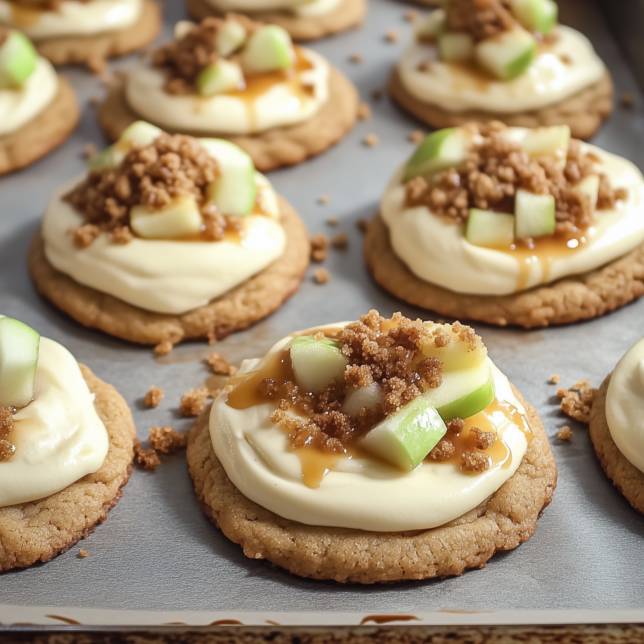 Chewy caramel apple cookies with cinnamon and caramel drizzle on a baking sheet