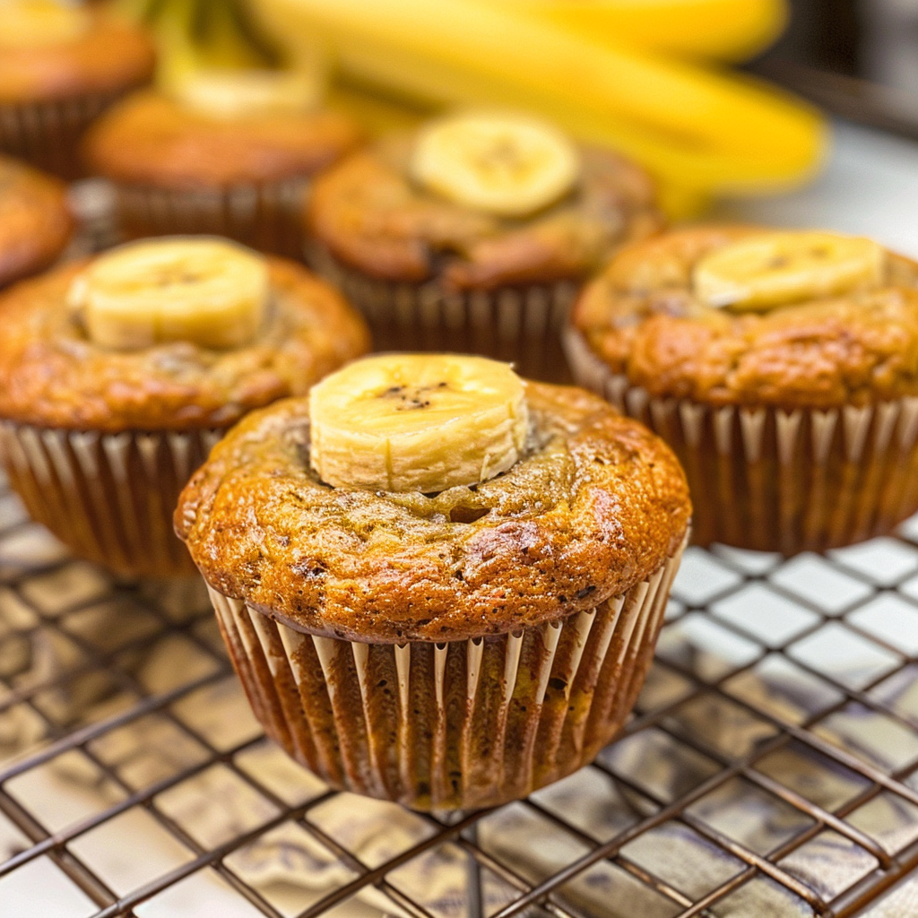 Moist banana muffins with chocolate chips on a cooling rack