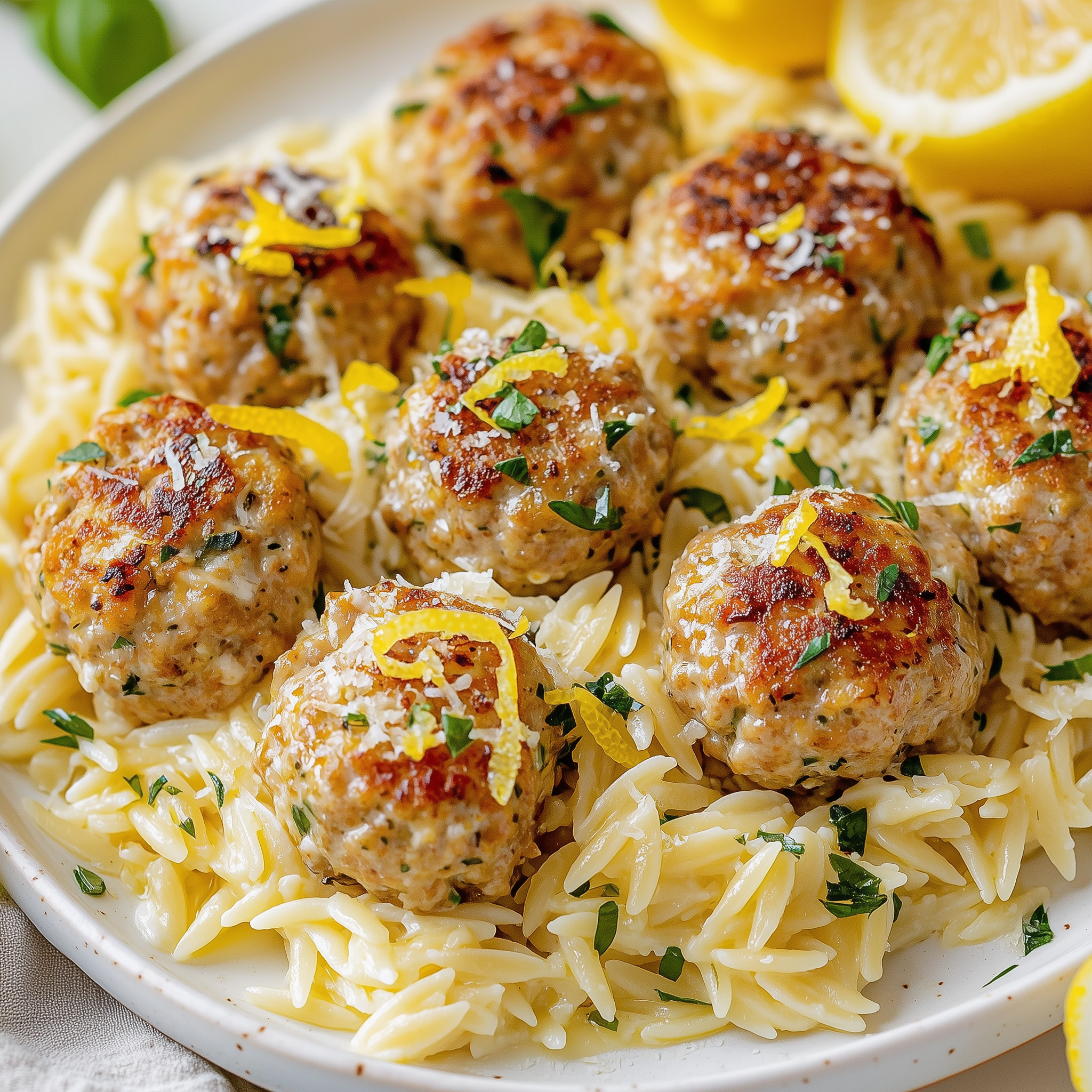 Plate of Turkey Lemon & Ricotta Meatballs served over lemony orzo with fresh parsley garnish