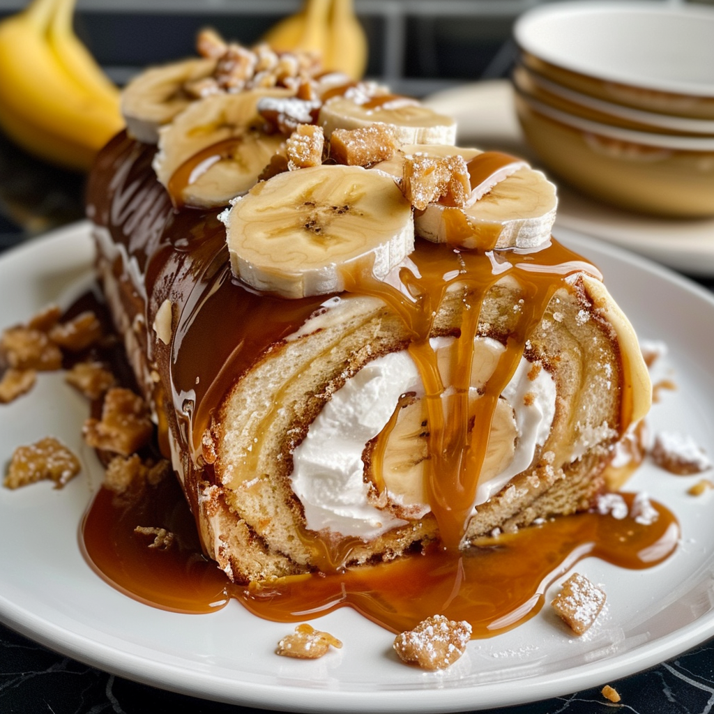 Slice of Banana Caramel Roll Cake with whipped cream and caramel drizzle on a white plate