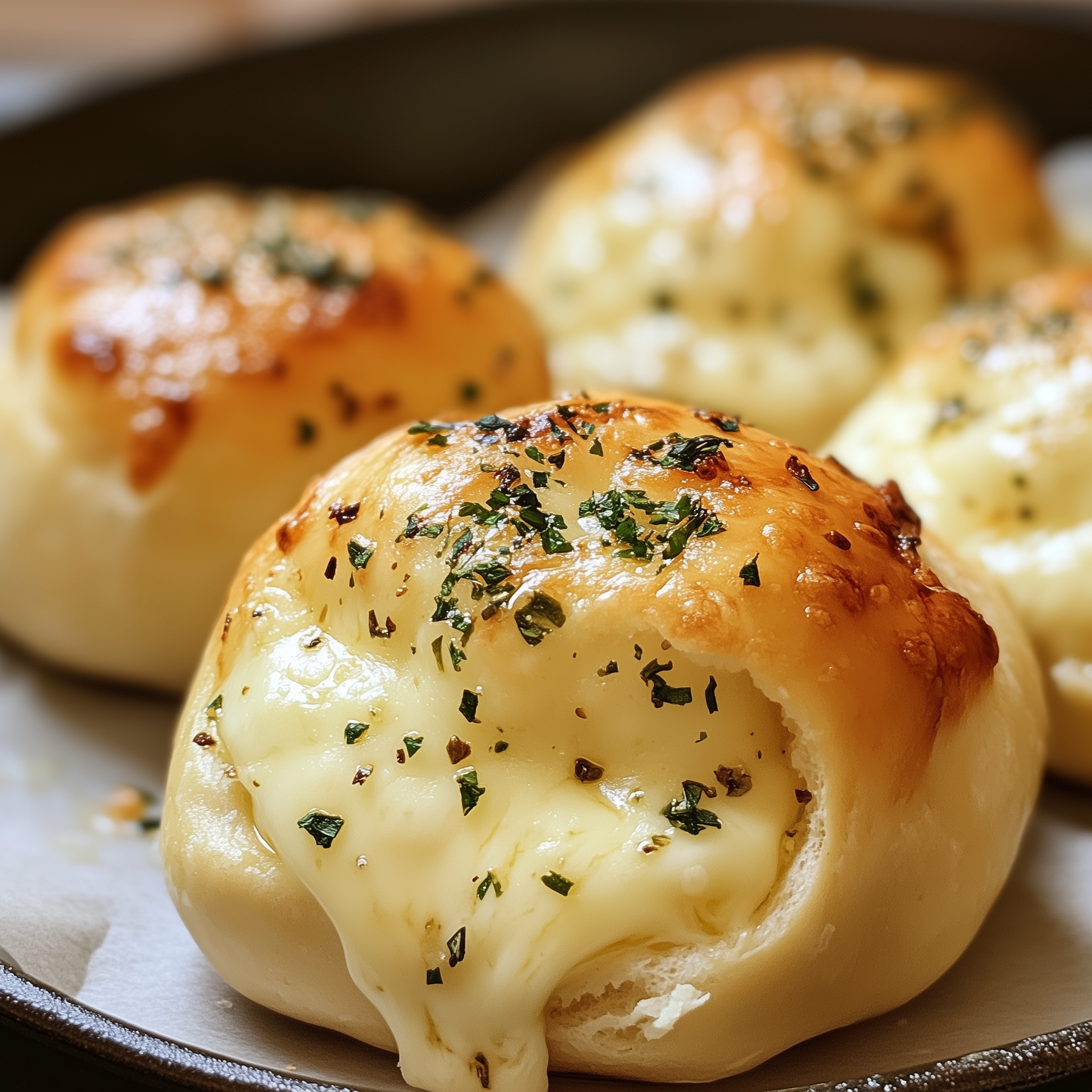 Homemade garlic butter cheese bombs on a baking tray with melted cheese and garlic butter topping