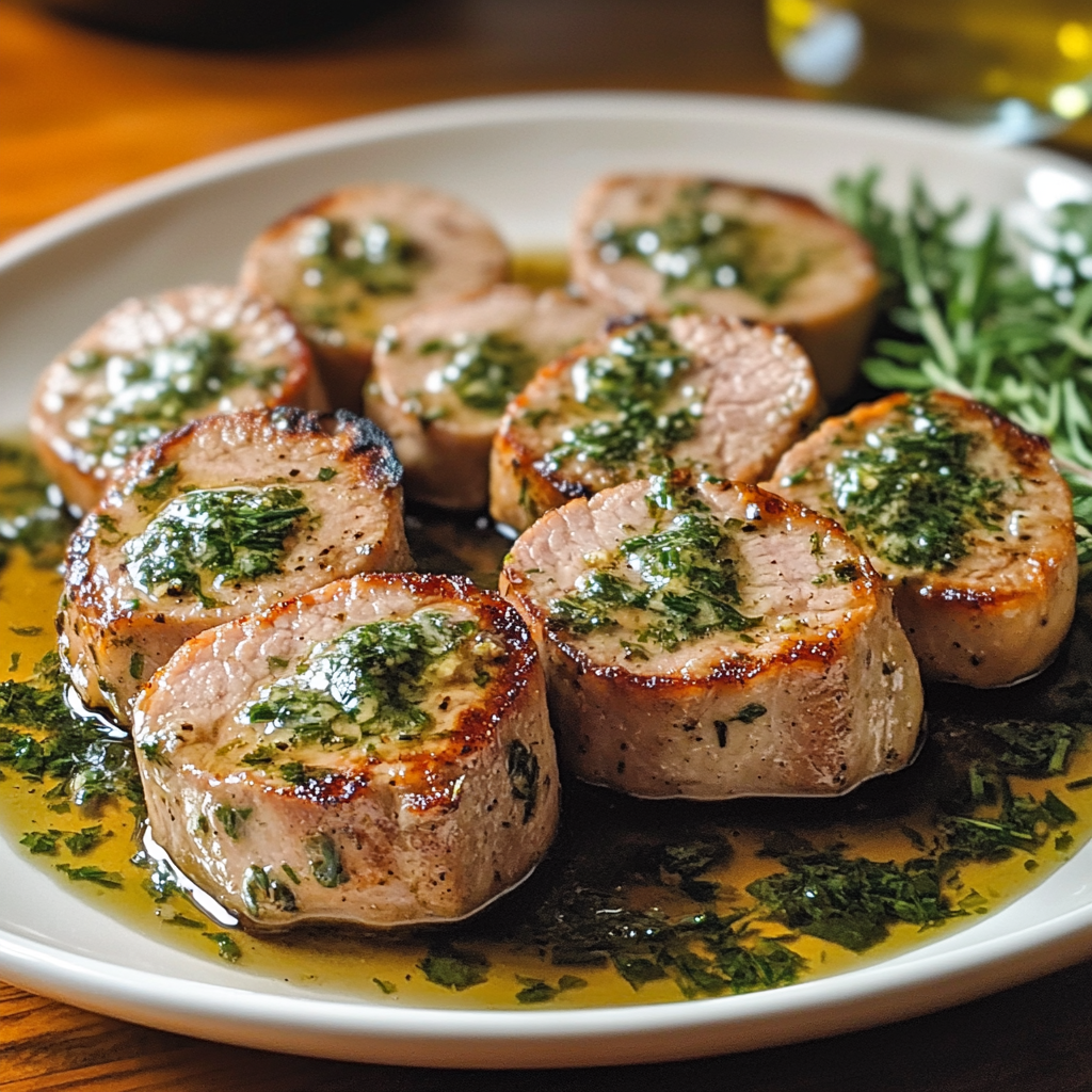 Pork tenderloin medallions topped with melting herb butter on a white plate