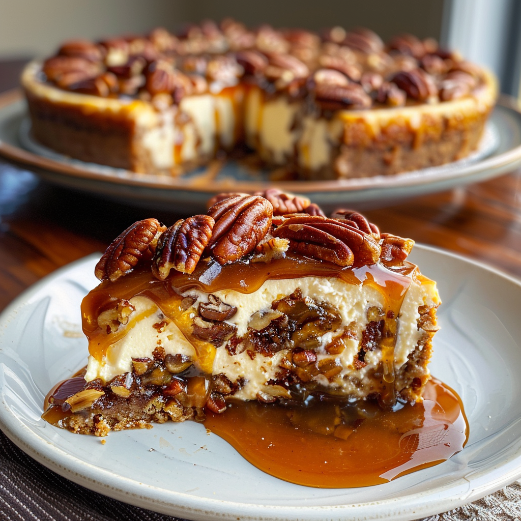 Slice of Pecan Pie Cheesecake with caramel drizzle and pecan topping on a white plate